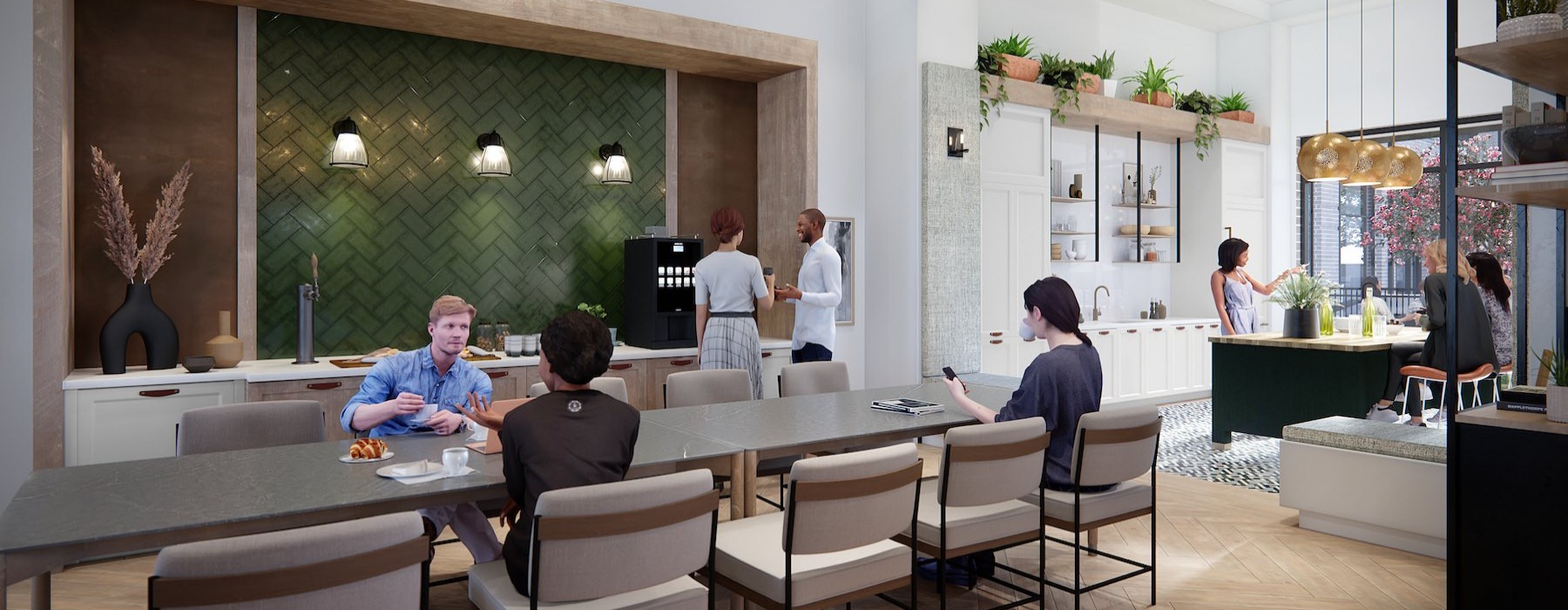 a group of people eating and working