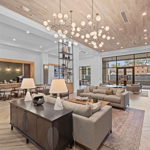 chandeliers in large clubhouse